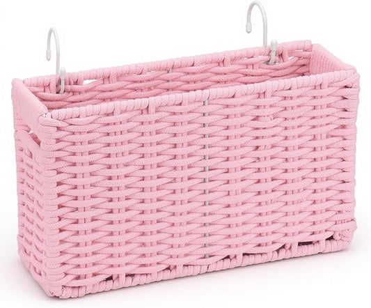 Cotton Rope Woven Bedside Caddy for Dorm Bed, Foldable Bedside Shelf Bunk Bed Accessories, College Dorm Room Essentials Hanging Organizers Storage Basket, Room Decor Magazine File Holder (Pink)