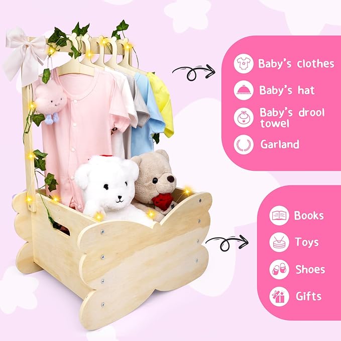 Baby Shower Basket, Wooden Baby Shower Crate Closet with Handle, Large Capacity Baby Closet Personalized Baby Gifts Basket for Newborn Girls, Pregnancy Gifts for New Parent