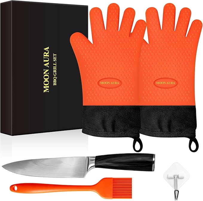 Silicone Smoker Oven Gloves - BBQ Gloves with Sharp Knife, Basting Brush and Sticky Hook.