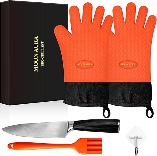 Silicone Smoker Oven Gloves - BBQ Gloves with Sharp Knife, Basting Brush and Sticky Hook.