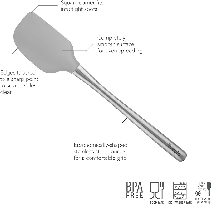 Tovolo Flex-Core Silicone Spatula Metal Handle for Scraping Bowls Mixing and Baking, Dishwasher Safe Heat Resistant Stainless Steel Silicone Spatula for Cast Iron and Nonstick Cookware, Oyster Gray