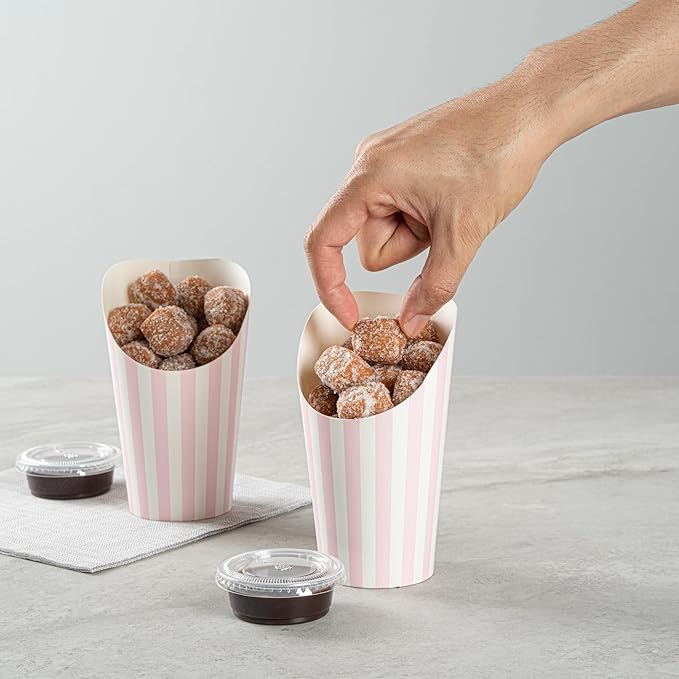 Bio Tek 16 Ounce French Fry Containers, 100 Disposable Charcuterie Cups - Incline Design, Round, Striped Paper French Fry Cups, Stackable, For Waffles, Chips, or Popcorn - Restaurantware