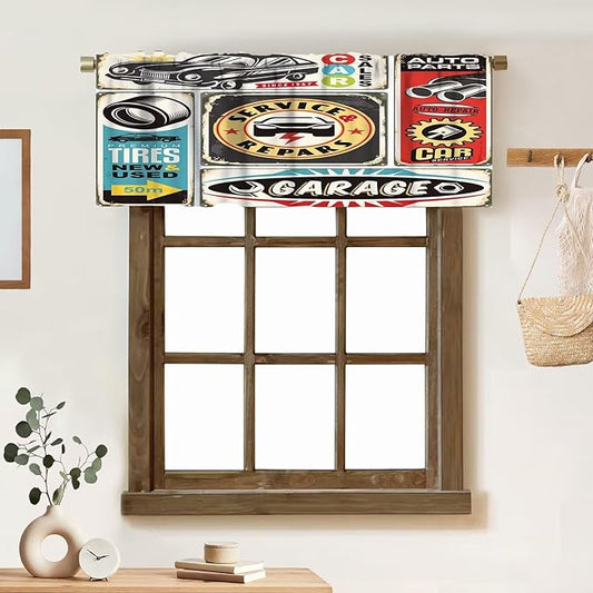 1950s Retro Valances Curtains Vintage Car Signs Automobile Advertising Repair Vehicle Garage Servicing, Windows Short Curtain Valance for Kitchen Bedroom with Rod Pocket, One Panel 54X18 Inches