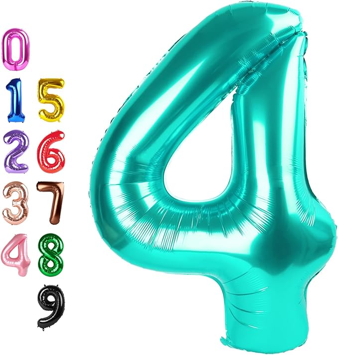 Blue Green Balloon Number 4, Number Balloon for 4th Birthday Decorations, 40 Inch Big Balloons for 4, 14, 40 Wedding Anniversaries Party