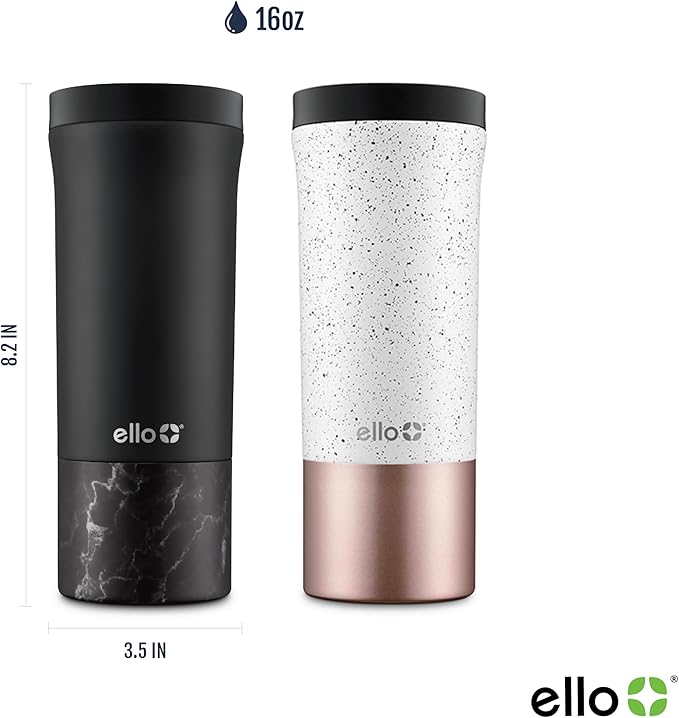 Ello Miri 16oz Vacuum Insulated Stainless Steel Travel Mug, Leak-Proof Slider Lid, Keeps Hot for 5 Hours, Perfect for Coffee or Tea, BPA-Free, Fits Most Cupholders, Holiday Gift, Black