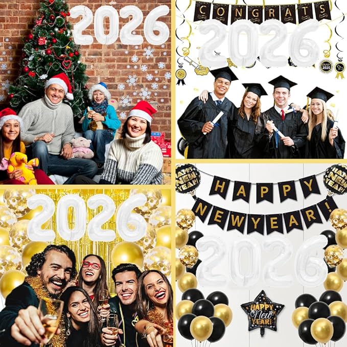 2026 Balloons White Number Balloons 2026 40 Inch 2026 Numbers for New Year Party Large 2026 Foil Mylar Balloon for 2026 New Year Eve Party Supplies Festival Birthday Anniversary Graduation Decorations