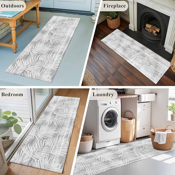 Runner Rug for Bedroom Hallway, Modern Gray Palm Leaves Kitchen Runner Rugs Area Rug 2x6ft, Boho Tropical Leaves Washable Soft Floor Carpet for Entryway Stair