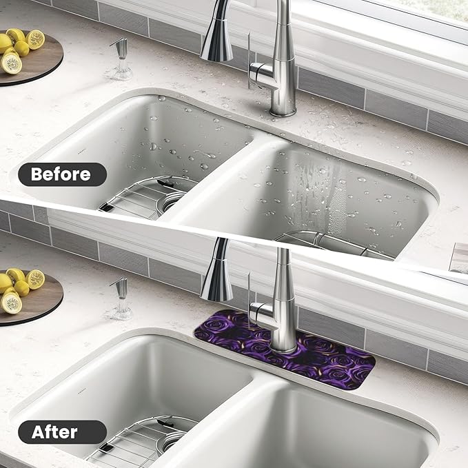Purple Roses Kitchen Sink Splash Guard Faucet Mat Absorbent Faucet Draining Pad with Hole for Kitchen Bathroom 15" X 5.5"