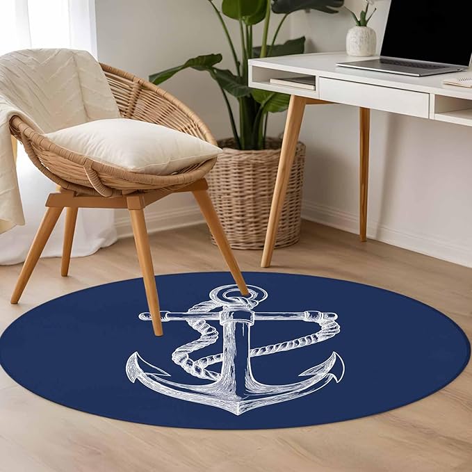 Washable Round Area Rug Marine Theme Anchor String Sketch Circle Rugs Floor Carpet for Living Room Bedroom, Watercolor Nautical Theme Soft Non Slip Round Rug 4ft
