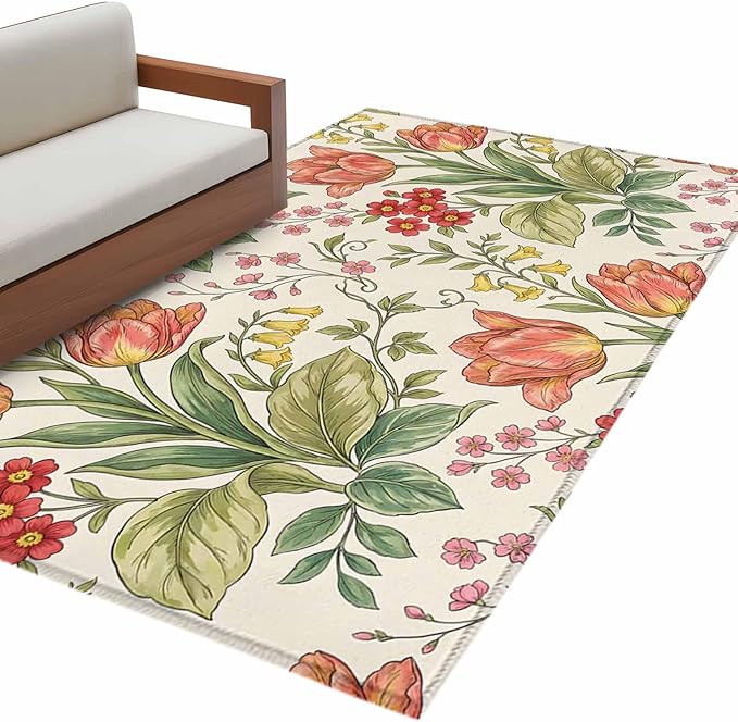 Area Rug 4x6ft, Vintage Tulips Red Daisies Washable Rugs for Living Room Bedroom, Yellow Blooms Floral Pattern Soft Non-Slip Area Rugs Rectangle Floor Carpet for Dining Room
