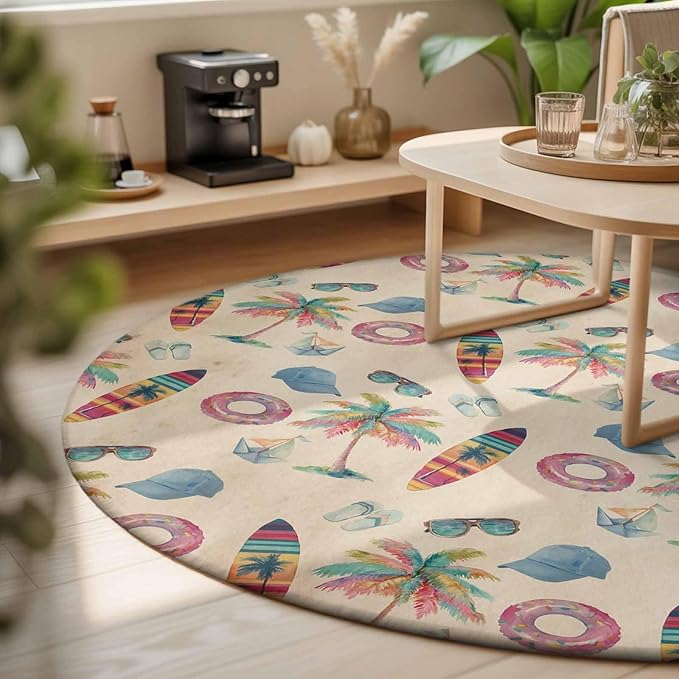 Washable Round Area Rug Summer Surfboard Coconut Tree Circle Rugs Floor Carpet for Living Room Bedroom, Coastal Vintage Plants Soft Non Slip Round Rug 3ft