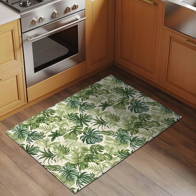 Area Rug 2x3ft, Green Palm Leaf Watercolor Washable Rugs for Living Room Bedroom, Summer Tropical Leaves Soft Non-Slip Area Rugs Rectangle Floor Carpet for Dining Room