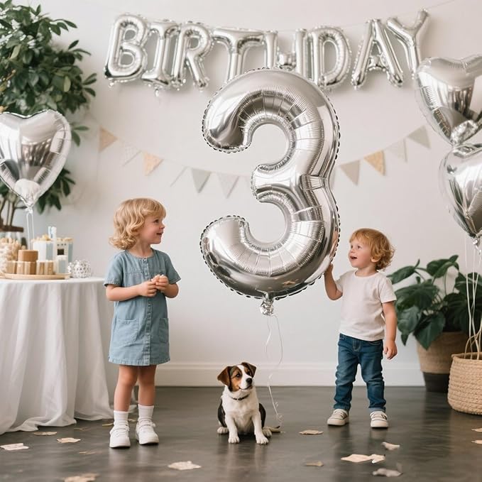 Silver 4 Balloon Number for 4th Birthday Decorations, 40 Inch Big Number Balloons for 4 14 40 Anniversaries Celebration Graduation Wedding