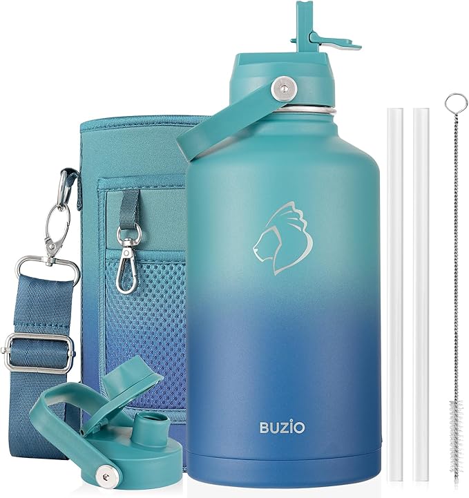 BUZIO 64oz Insulated Water Bottle with Straw Lid and Spout Cap, Stainless Steel Powder-Coat Water Flask, Keep Beverage Cold for 48 Hrs Hot for 24 Hrs Simple Thermo Canteen Mug, Gradient Cyan