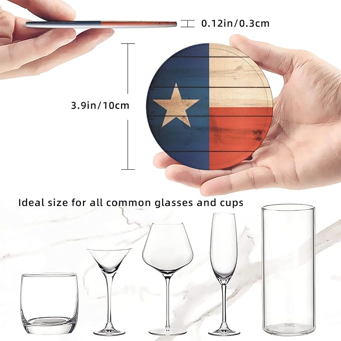 Wood Texas Flag Leather Drinks Coasters with Holder, Set of 6, Suitable for Various Cups