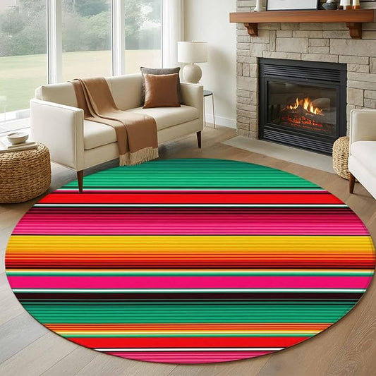 Washable Round Area Rug Vintage Mexican Stripes Abstract Circle Rugs Floor Carpet for Living Room Bedroom, Native American Stripe Soft Non Slip Round Rug 5ft