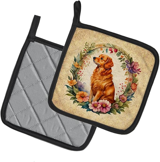 Caroline's Treasures Nova Scotia Duck Tolling Retriever and Flowers Pair of Pot Holders Kitchen Heat Resistant Pot Holders Sets Oven Hot Pads for Cooking Baking BBQ, 7 1/2 x 7 1/2