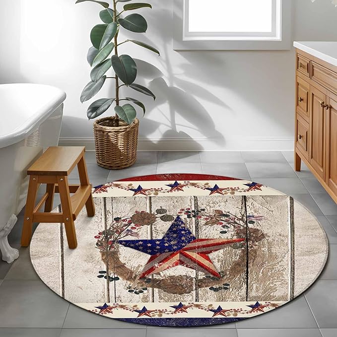 Washable Round Area Rug Retro USA Flag Star and Berry Circle Rugs Floor Carpet for Living Room Bedroom, Wooden Texture Soft Non Slip Round Rug 4ft