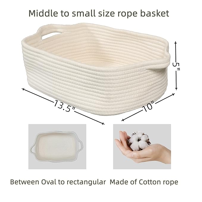 XUANGUO Woven Cotton Rope Storage Basket with Handles for Organizing Shelves Closet Small Cat Dog Pet Toy Baskets Box Bin Decorative Rectangle Baby Nursery basket Gift basket Empty(white)