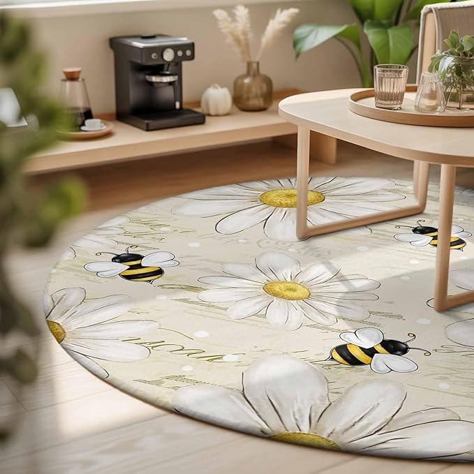 Washable Round Area Rug Retro Watercolor White Floral Bee Circle Rugs Floor Carpet for Living Room Bedroom, Summer Daisy Letter Texture Soft Non Slip Round Rug 3ft