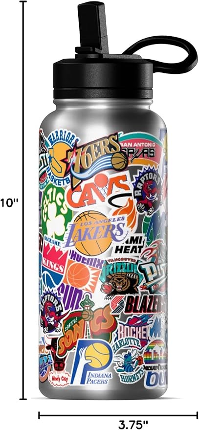 Hydrapeak x NBA Officially Licensed All Team Sticker Print 32 oz Insulated Water Bottle with Straw Lid and Handle Hardwood Classics Retro