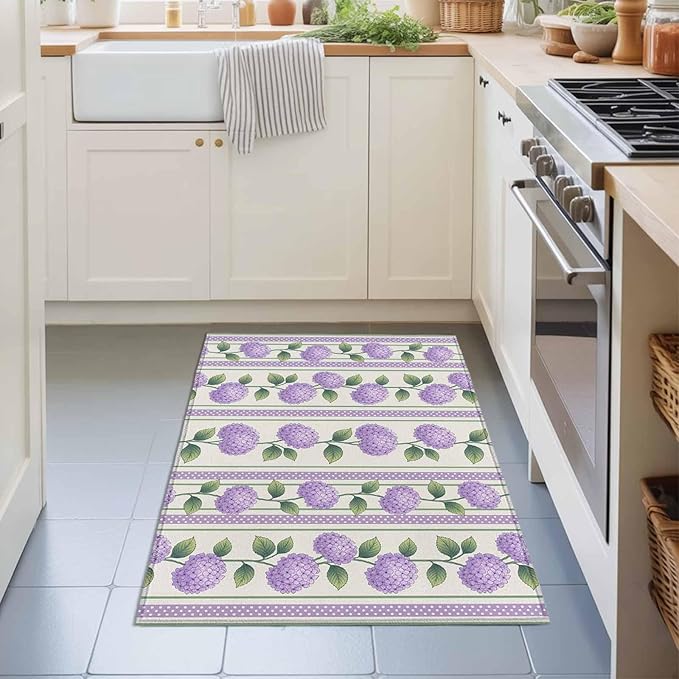 Area Rug 2x3ft, Watercolor Hydrangea Flower Washable Rugs for Living Room Bedroom, Spring Floral Leaves on Linen Soft Non-Slip Area Rugs Rectangle Floor Carpet for Dining Room