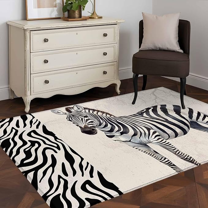 Area Rug 3x5ft, Zebra Black Stripe Animal Portrait Washable Rugs for Living Room Bedroom, Vintage Tree Branch Soft Non-Slip Area Rugs Rectangle Floor Carpet for Dining Room