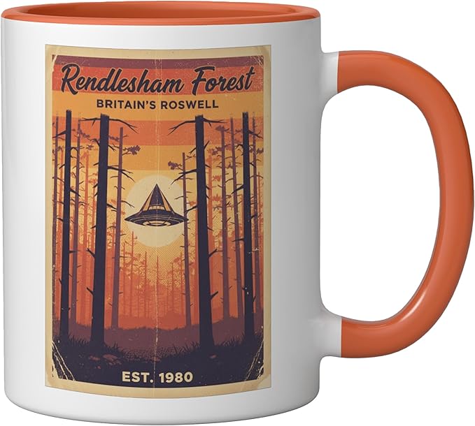 Rendlesham Forest UFO Alien Vintage UK Flying Saucer Ceramic Mug, Orange/White
