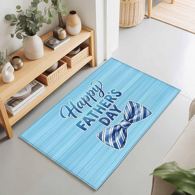 Area Rug 2x3ft, Father's Day Vintage Plank Washable Rugs for Living Room Bedroom, Cartoon Blue Stripes Bow Soft Non-Slip Area Rugs Rectangle Floor Carpet for Dining Room