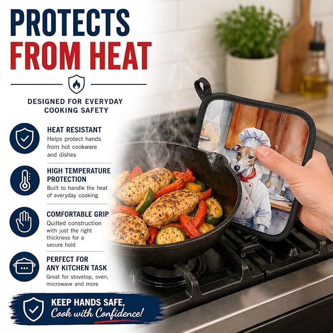 Caroline's Treasures Whippet The Chef Pair of Pot Holders Kitchen Heat Resistant Pot Holders Sets Oven Hot Pads for Cooking Baking BBQ, 7 1/2 x 7 1/2