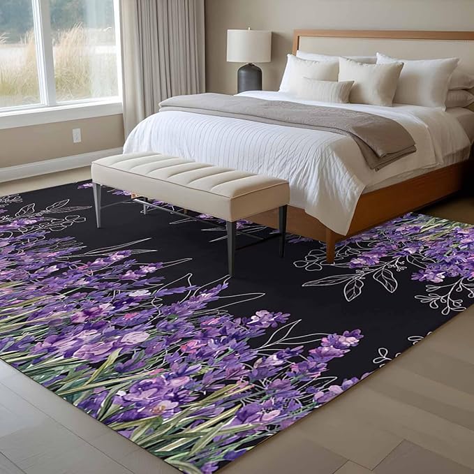 Area Rug 6x9ft, Spring Purple Lavender Flower Washable Rugs for Living Room Bedroom, Watercolor Floral on Black Soft Non-Slip Area Rugs Rectangle Floor Carpet for Dining Room