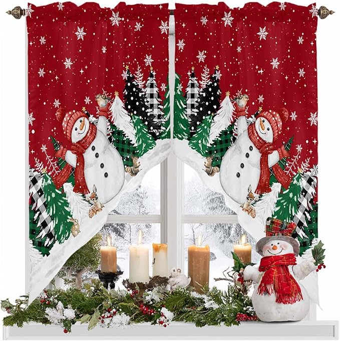 Christmas Snowman Swag Valance Curains Winter Xmas Tree Snowflakes Black Plaid Rod Pocket Kitchen Curtains Scalloped Window Treatment Valances Swag for Living Room Bedroom, 1 Pair, 36"W x 45"L