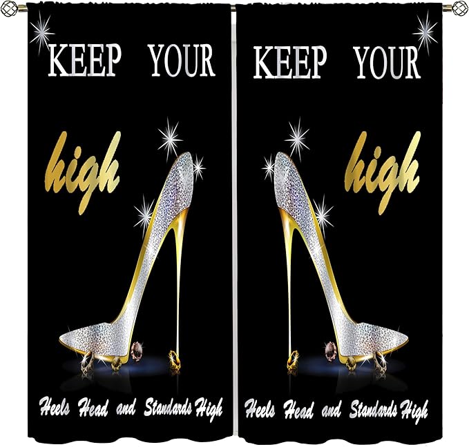 High Heels Curtain,Luxury Silver Glitter Black Stars Girl Women Cloth Farbic Window Treatment Curtains Bedroom Cafe Dining Room Office Living Room Kitchen Drapes, 42x45 in