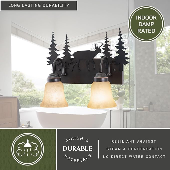 VAXCEL Bryce 2-Light 16.75 inch Wide Burnished Bronze Rustic Cabine Bathroom Vanity Lighting Fixture, Amber Flake Glass Shade, Deer and Trees, Dimmable, LED Compatible, Over the Mirror Wall Mounted