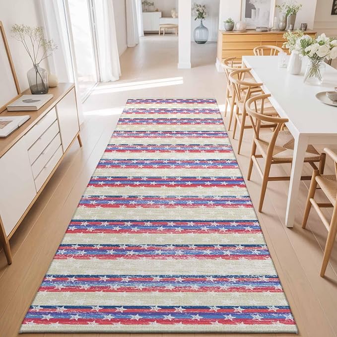 Runner Rug for Bedroom Hallway, American Star Stripe Kitchen Runner Rugs Area Rug 2x6ft, Retro Independence Day Theme Washable Soft Floor Carpet for Entryway Stair