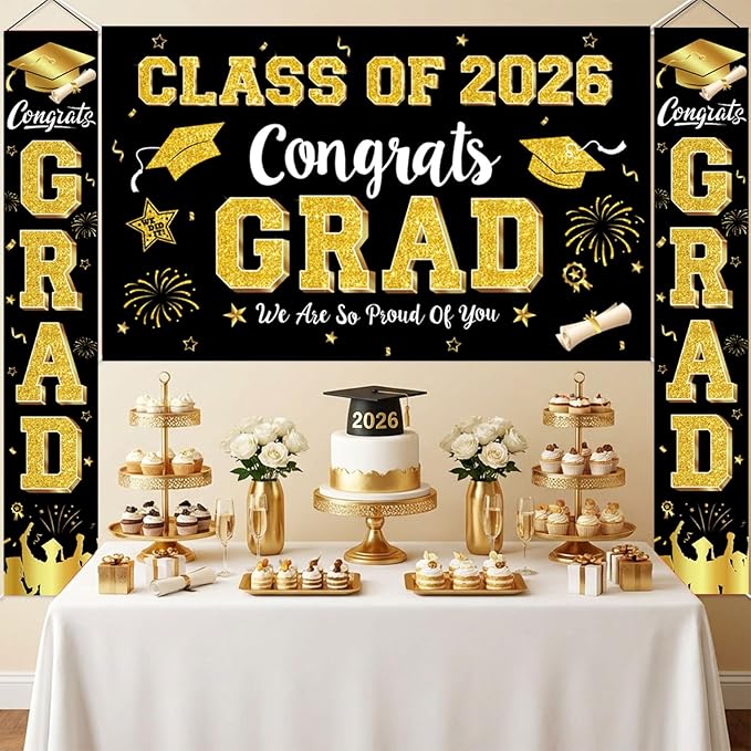 Graduation Decorations Class of 2026 - Black and Gold Graduation Party Supplies Include Backdrop, Banner, Hanging Swirls, Porch Sign, Balloons for Congrats Grad Decorations