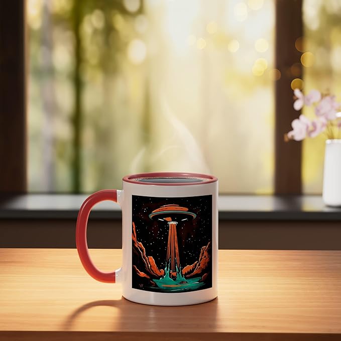 Aliens Abducting people into Flying UFO Saucer Abduction Ceramic Mug, Red/White