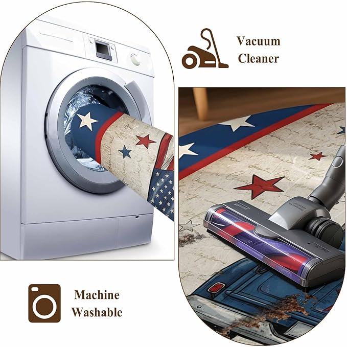 Washable Round Area Rug Happy Independence Day USA Flag Circle Rugs Floor Carpet for Living Room Bedroom, Retro Blue Truck Soft Non Slip Round Rug 5ft