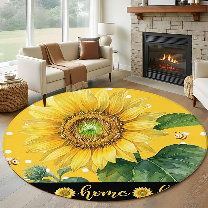 Washable Round Area Rug Summer Watercolor Sunflowers Bees Circle Rugs Floor Carpet for Living Room Bedroom, Farmhouse Floral Art Soft Non Slip Round Rug 5ft