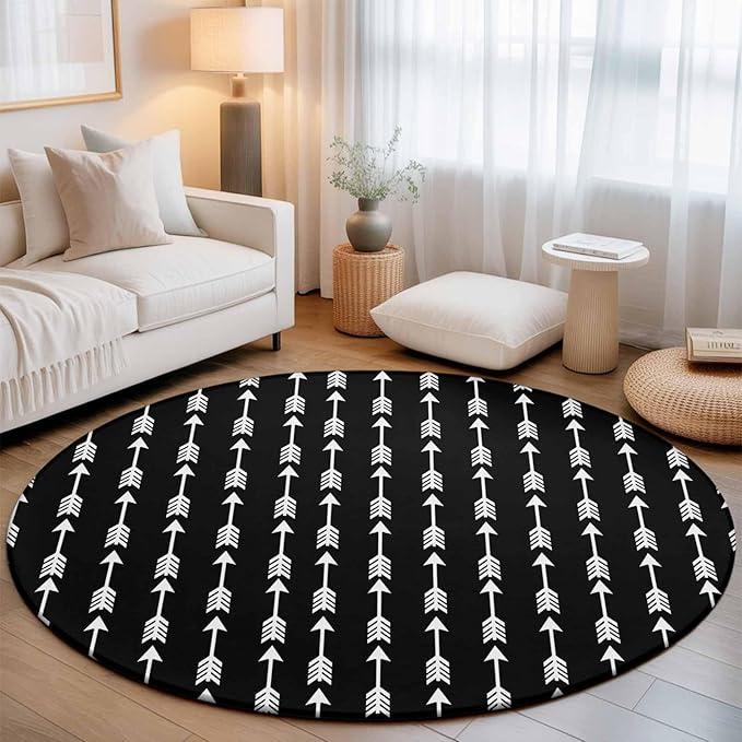 Washable Round Area Rug Tribal Style Arrows Pattern Circle Rugs Floor Carpet for Living Room Bedroom, Black Background Soft Non Slip Round Rug 3ft