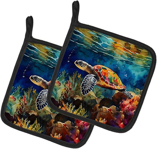 Caroline's Treasures Loggerhead Sea Turtle Pair of Pot Holders Kitchen Heat Resistant Pot Holders Sets Oven Hot Pads for Cooking Baking BBQ, 7 1/2 x 7 1/2