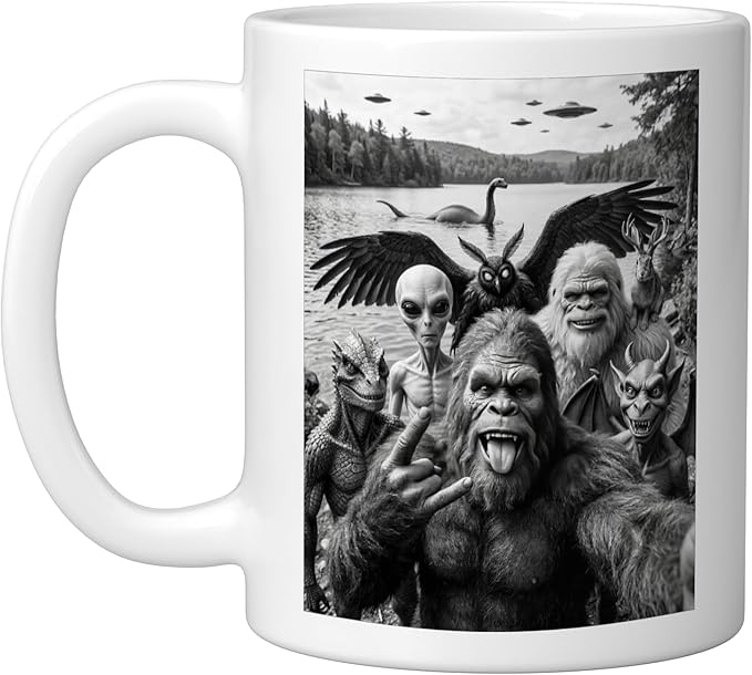 Bigfoot Alien Loch Ness Monster UFO Cryptids Selfie Ceramic Mug, White
