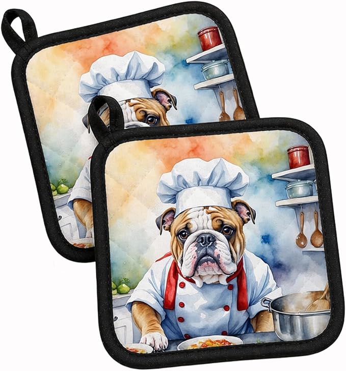 Caroline's Treasures English Bulldog The Chef Pair of Pot Holders Kitchen Heat Resistant Pot Holders Sets Oven Hot Pads for Cooking Baking BBQ, 7 1/2 x 7 1/2
