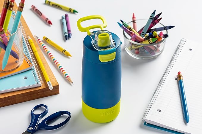 Ello Kids Colby 12oz Stainless Steel Insulated Water Bottle with Straw and Built-In Silicone Coaster Carrying Handle and Leak-Proof Locking Lid for School Backpack, Lunchbox, and Outdoor Sports