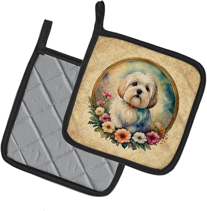 Caroline's Treasures Coton De Tulear and Flowers Pair of Pot Holders Kitchen Heat Resistant Pot Holders Sets Oven Hot Pads for Cooking Baking BBQ, 7 1/2 x 7 1/2