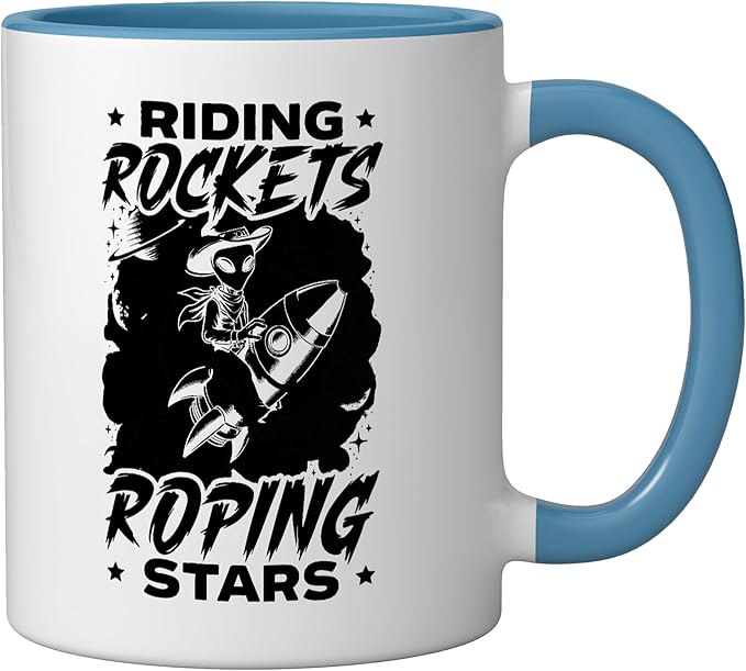 Alien Lover Flying Saucer UFO Extraterrestrial Cowboy Ceramic Mug, Blue/White
