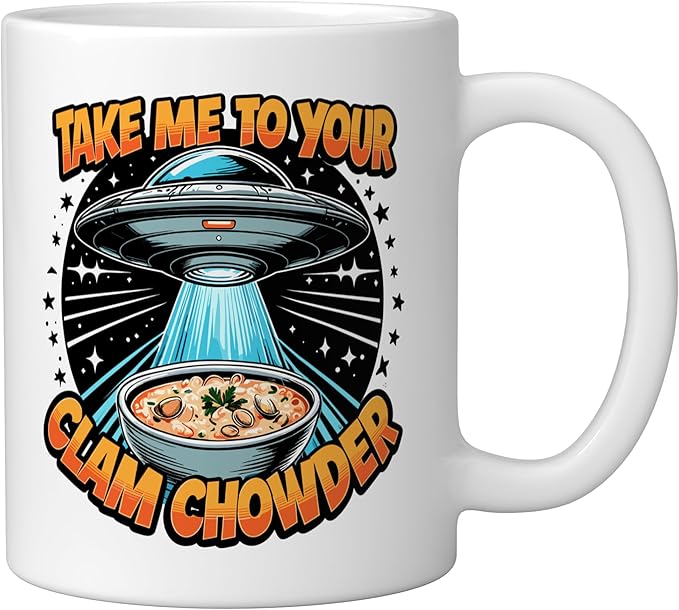 Take Me to Your Clam Chowder UFO Abduction Clam Chowder Ceramic Mug, White