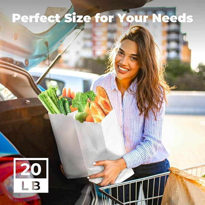 Fit Meal Prep 500 Pack 20 lb Large White Paper Bags, 16 x 8 x 5.5” Durable Blank Paper Bags Bulk for Packing, Delivery, Take Out, Grocery, Retail Shopping, Premium Big Size Sacks for Shopping