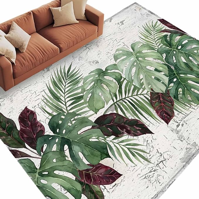 Area Rug 9x12ft, Summer Green Monstera Palm Leaves Washable Rugs for Living Room Bedroom Rectangle Floor Carpet, Vintage Botantical Soft Non-Slip Area Rugs for Dining Room
