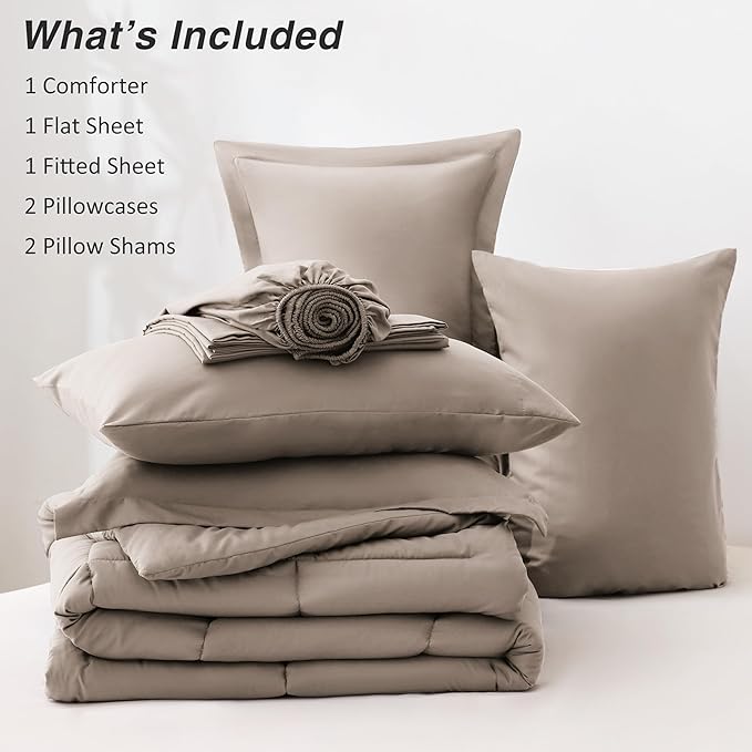 Love's cabin California King Comforter Set Light Brown, 7 Pieces California King Bed in a Bag, All Season Bedding Sets with 1 Comforter, 1 Flat Sheet, 1 Fitted Sheet, 2 Pillowcase and 2 Pillow Sham | Soft, Breathable, Lightweight, Comfortable